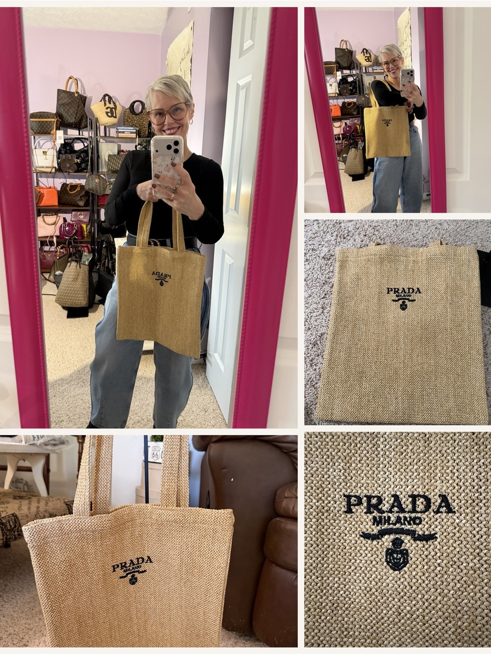 Gift with purchase Prada Natural Beige Jute Tote with Black Logo